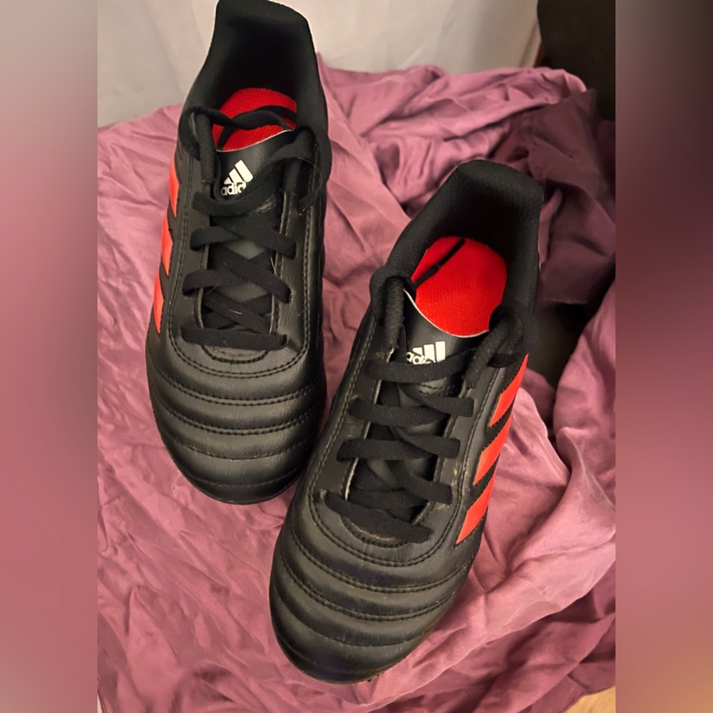 Adidas Kids’ Copa Soccer Cleats, black with red stripes, kids size 1